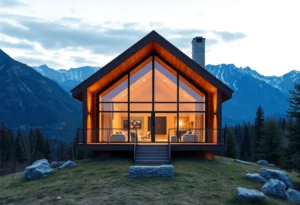 Affordable Luxury Cabins (Zidtaha bash tfilter l "Cheap" mn "Luxury") - Warm wooden textures blend with soft earthy tones, inviting tranquility and comfort amidst lush green landscapes and gentle sunlight.