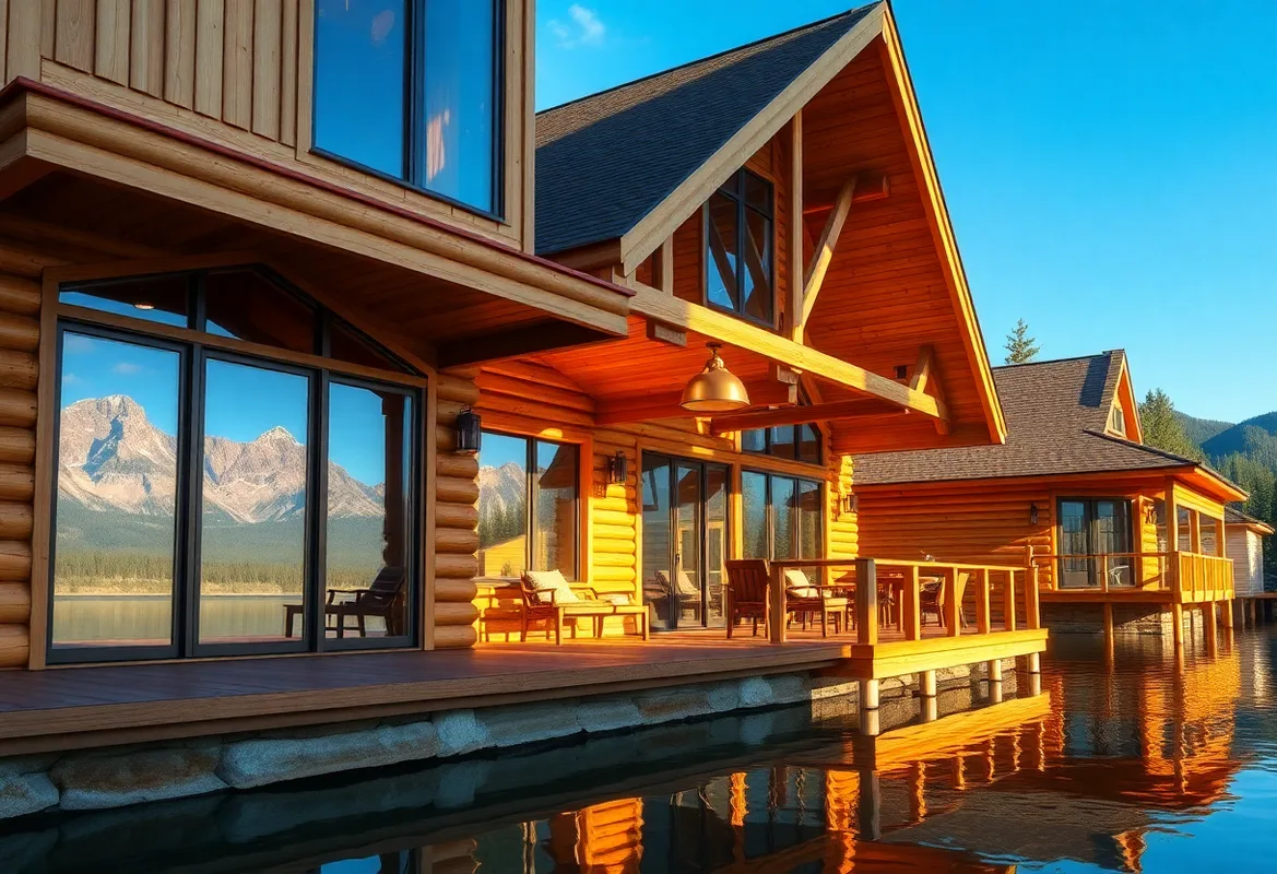 Serene lakefront view of modern cabin rentals surrounded by nature