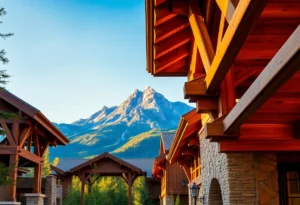 log cabin - Warm wood tones and soft earth colors create a tranquil, inviting atmosphere amidst the majestic mountain backdrop and fresh pine scent.