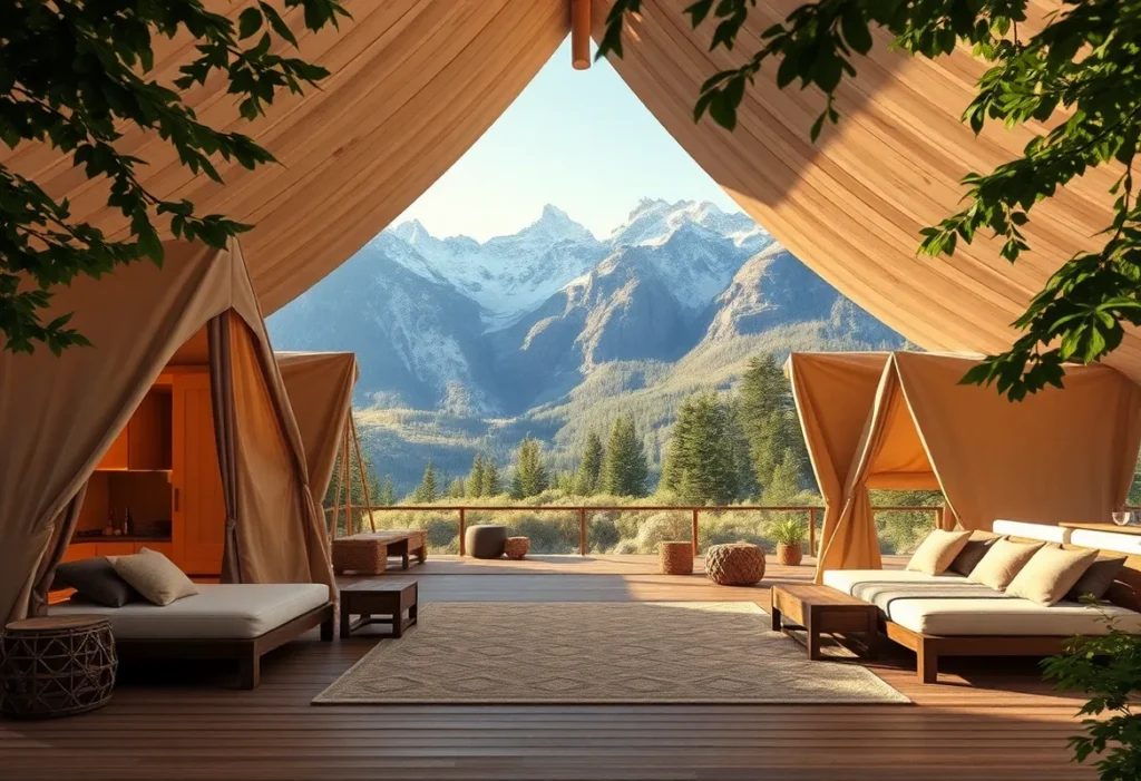Luxury Glamping - Warm golden light filters through a canvas tent, highlighting plush bedding and rustic wooden accents, creating a cozy, inviting atmosphere.