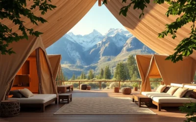 Luxury Glamping - Warm golden light filters through a canvas tent, highlighting plush bedding and rustic wooden accents, creating a cozy, inviting atmosphere.