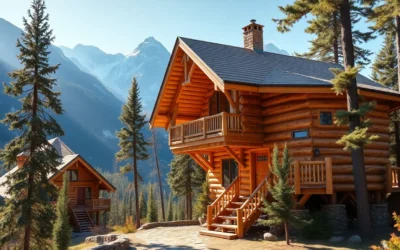 Winter Cabin Rentals - Cozy wooden cabins nestled in snow, surrounded by tall pines, creating a serene winter escape with warm, inviting colors.