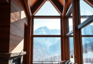 Luxury Cabin Resorts - Warm wooden textures, soft sunlight filtering through trees, breathtaking mountain vistas create a serene and inviting atmosphere.