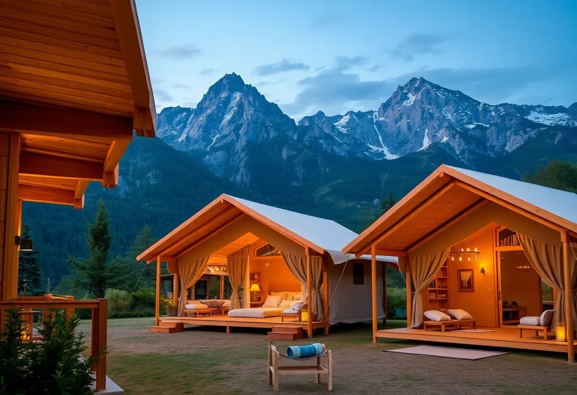Luxury Glamping tent surrounded by wildlife and lush greenery.