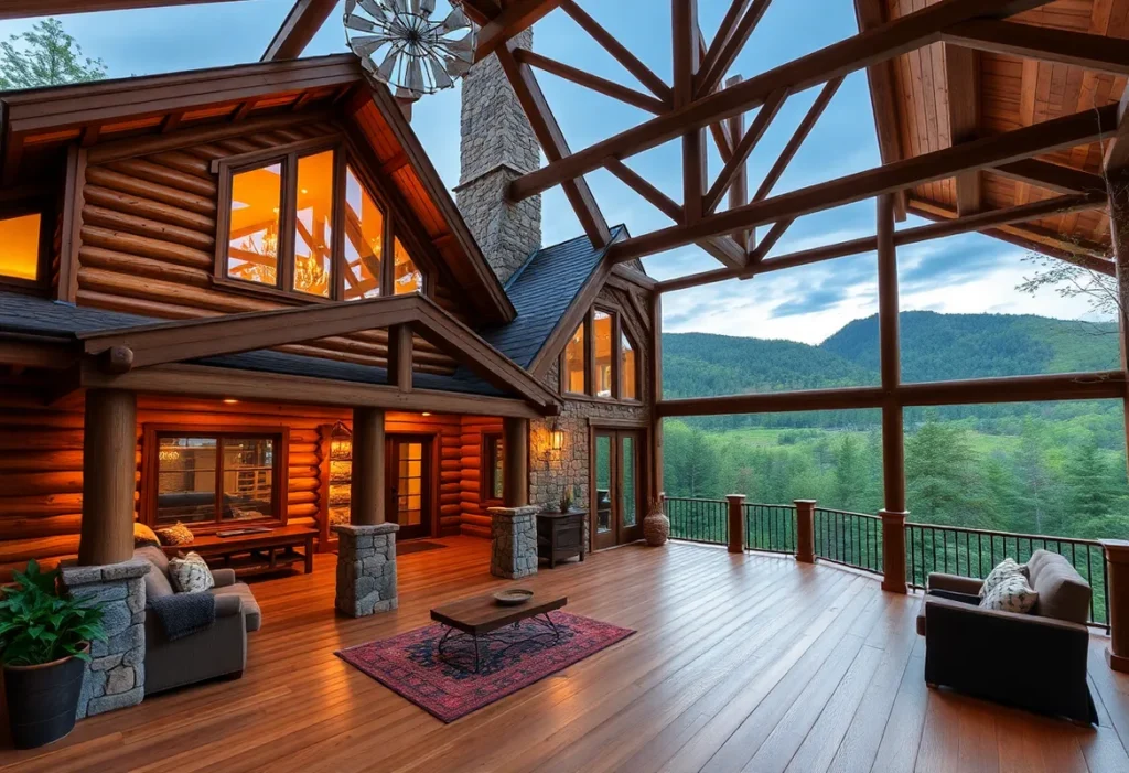 Family Cabin Rentals - Warm wooden cabins nestled among vibrant green trees and sparkling lakes, creating a cozy, inviting atmosphere for family adventures.