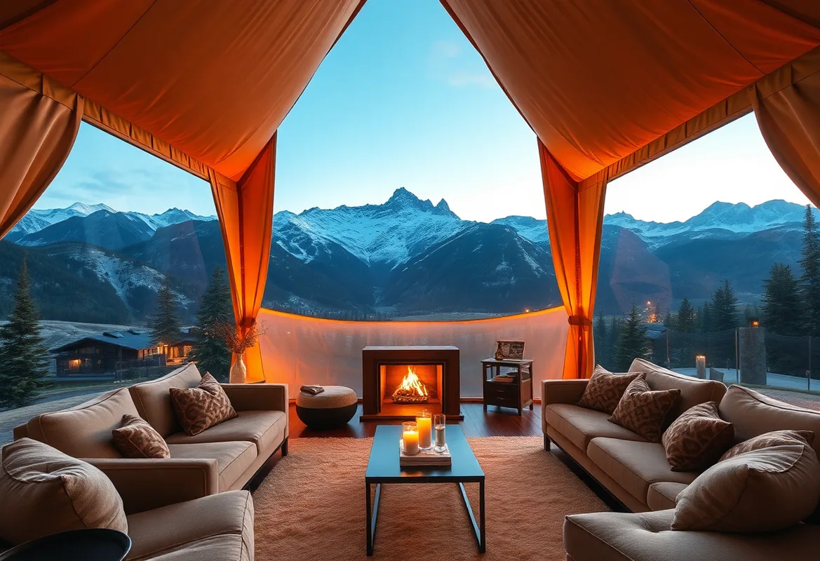 Luxury Glamping tent with plush furnishings in serene wilderness