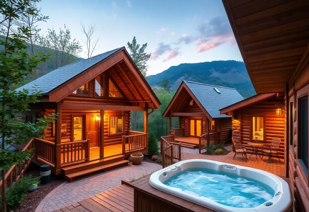Luxury Cabins with Hot Tubs - Warm wooden textures, gentle steam rising from bubbling hot tubs, surrounded by lush green foliage and serene mountain views.