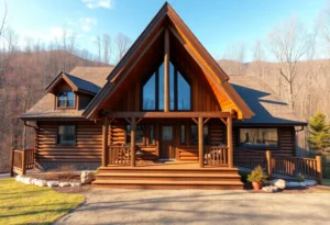 Cheap Cabin Rentals - A rustic cabin nestled among vibrant green trees, exuding warmth and tranquility, perfect for affordable getaways in North Georgia.