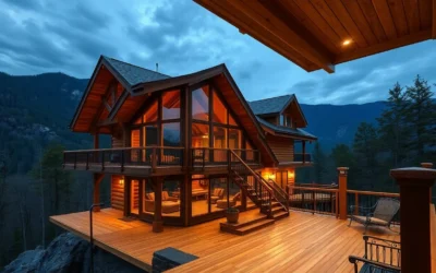 Cabins in Smoky Mountains - Cozy wooden cabins surrounded by lush green trees and vibrant autumn leaves, offering a warm, inviting atmosphere for relaxation.