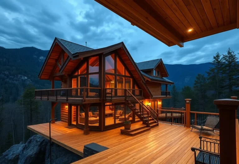 Cabins in Smoky Mountains - Cozy wooden cabins surrounded by lush green trees and vibrant autumn leaves, offering a warm, inviting atmosphere for relaxation.