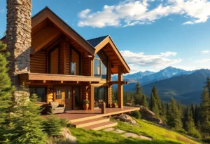 Cabins in Colorado - Rustic wooden cabins nestled among vibrant green pines and majestic peaks, inviting warmth and adventure in the crisp mountain air.