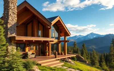 Cabins in Colorado - Rustic wooden cabins nestled among vibrant green pines and majestic peaks, inviting warmth and adventure in the crisp mountain air.