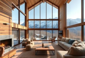 Cabins in Colorado - Warm wooden cabins surrounded by majestic mountains, rich green pines, and vibrant sunsets create a serene, inviting atmosphere.