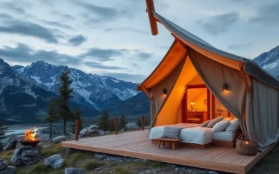 Cabin vs Glamping - Warm wooden textures, soft canvas tents, vibrant nature hues create an inviting, luxurious outdoor escape.
