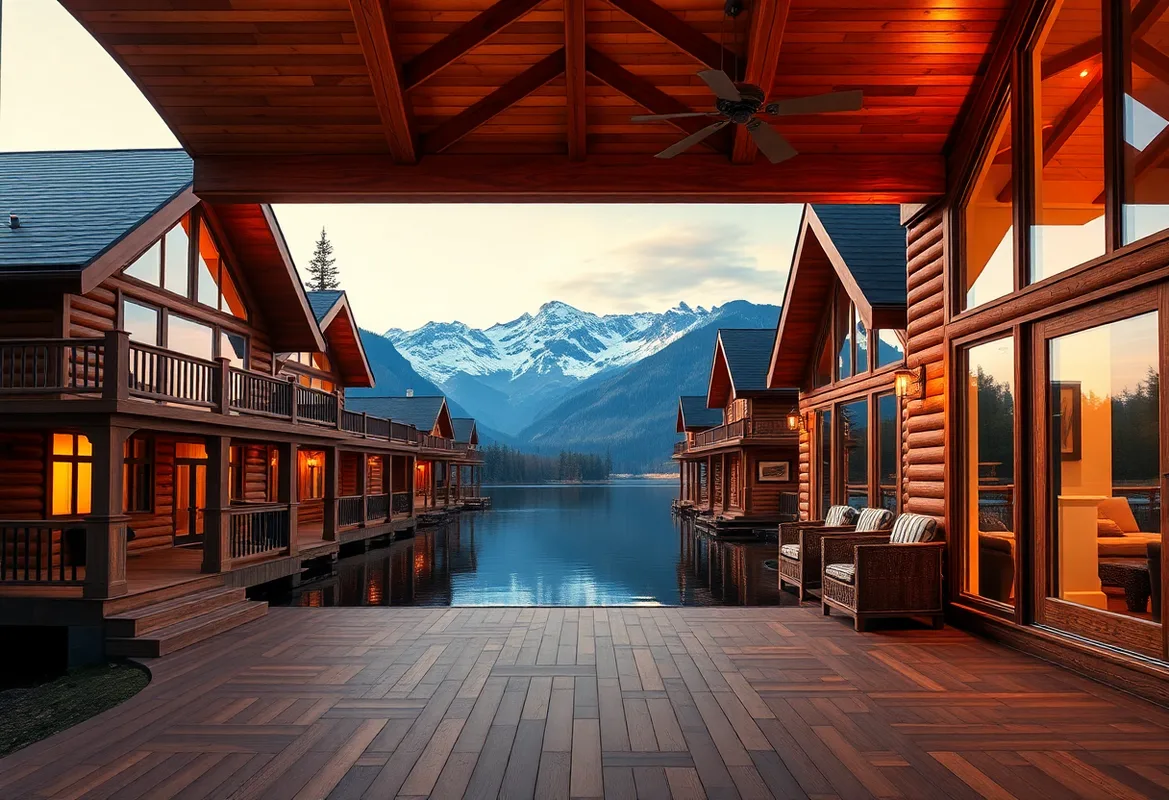 Cozy Lakefront Cabins surrounded by lush trees and sparkling water.
