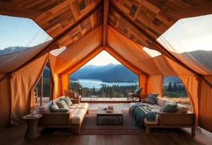 Glamping Near Lakes - Soft greens and blues blend with rustic textures, creating a serene, inviting vibe near Oregon's hidden lakes.