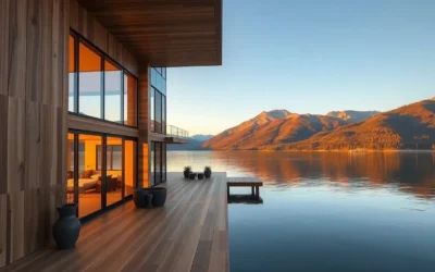 Glamping Near Lakes - Soft pastels of sunset reflect on calm waters, with plush tents surrounded by lush greenery, creating a tranquil nature escape.