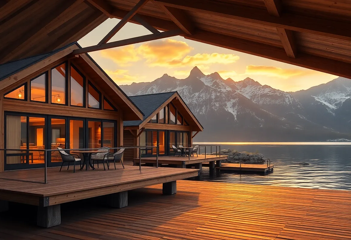 A serene lakefront cabin surrounded by lush greenery and water.