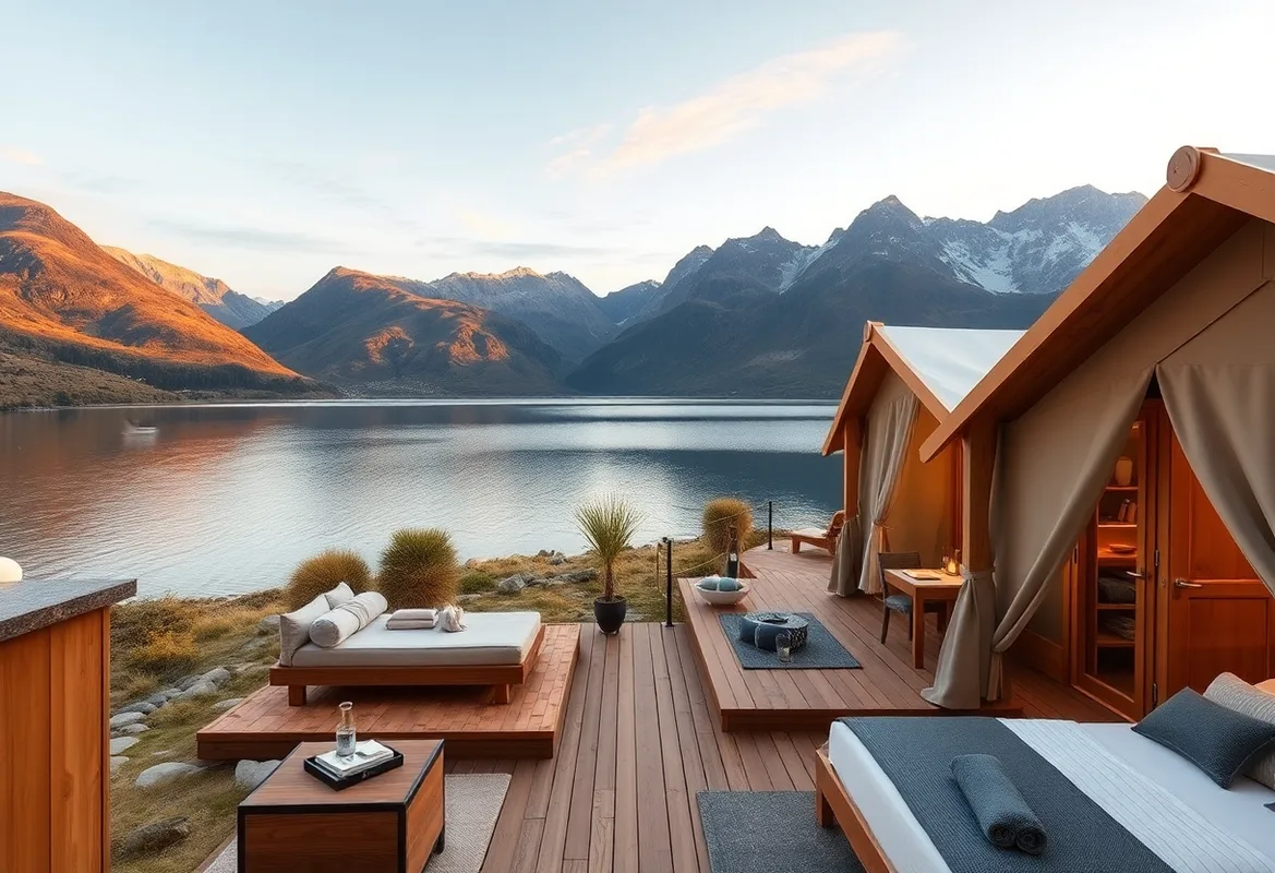 Cozy glamping setup near serene lakes, blending comfort and nature.