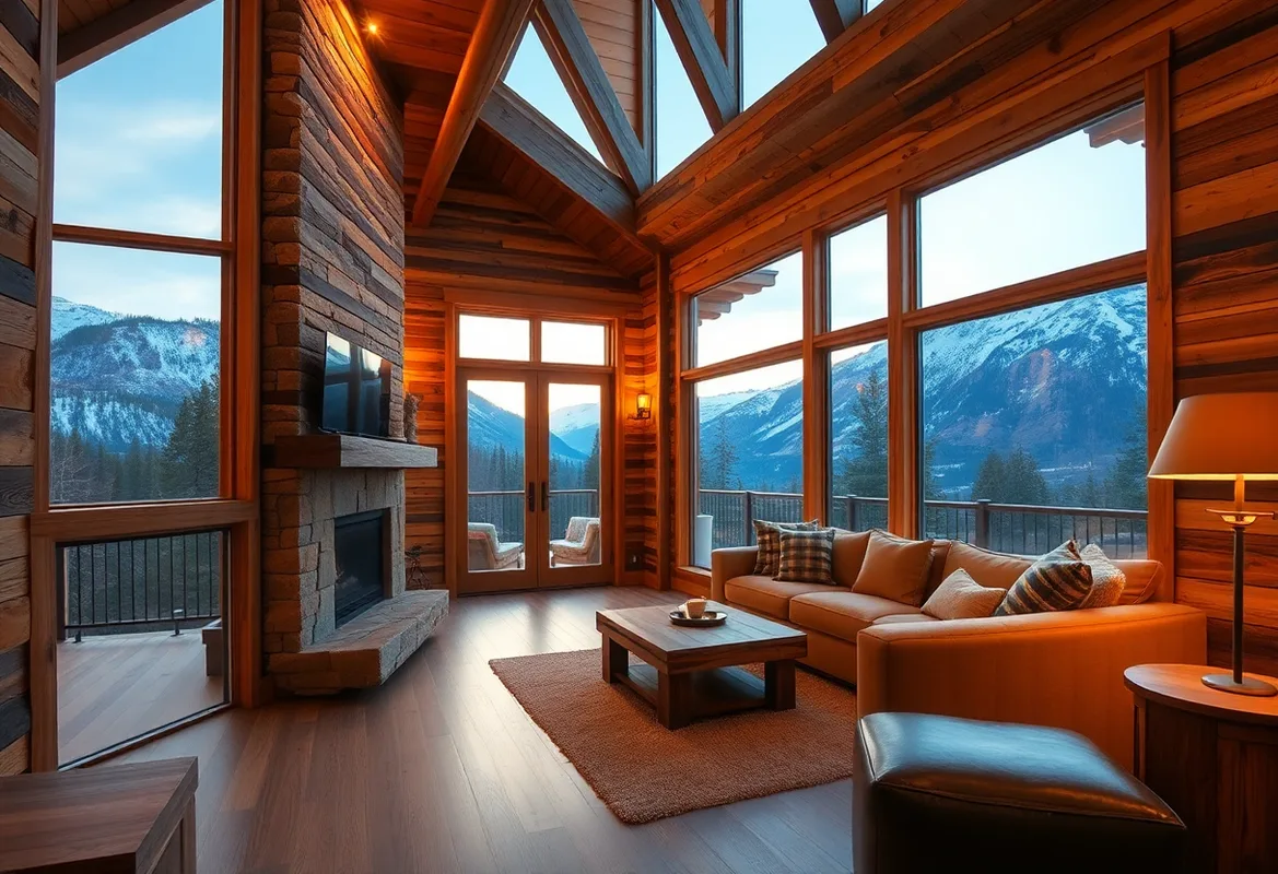 Cozy cabin interior with warm lighting and rustic decor. Cabin Rental Tips.
