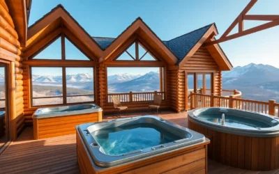 Mountain Cabins - Warm wooden textures, soothing greenery, and soft steam rise from inviting hot tubs under a stunning mountain sunset.