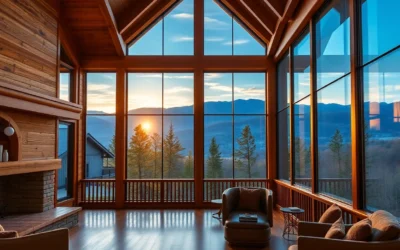 Cabins in Smoky Mountains - Golden sunlight filters through lush green trees, illuminating rustic wooden cabins nestled among vibrant foliage and majestic mountain peaks.