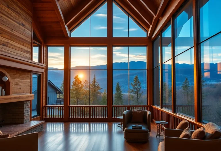 Cabins in Smoky Mountains - Golden sunlight filters through lush green trees, illuminating rustic wooden cabins nestled among vibrant foliage and majestic mountain peaks.